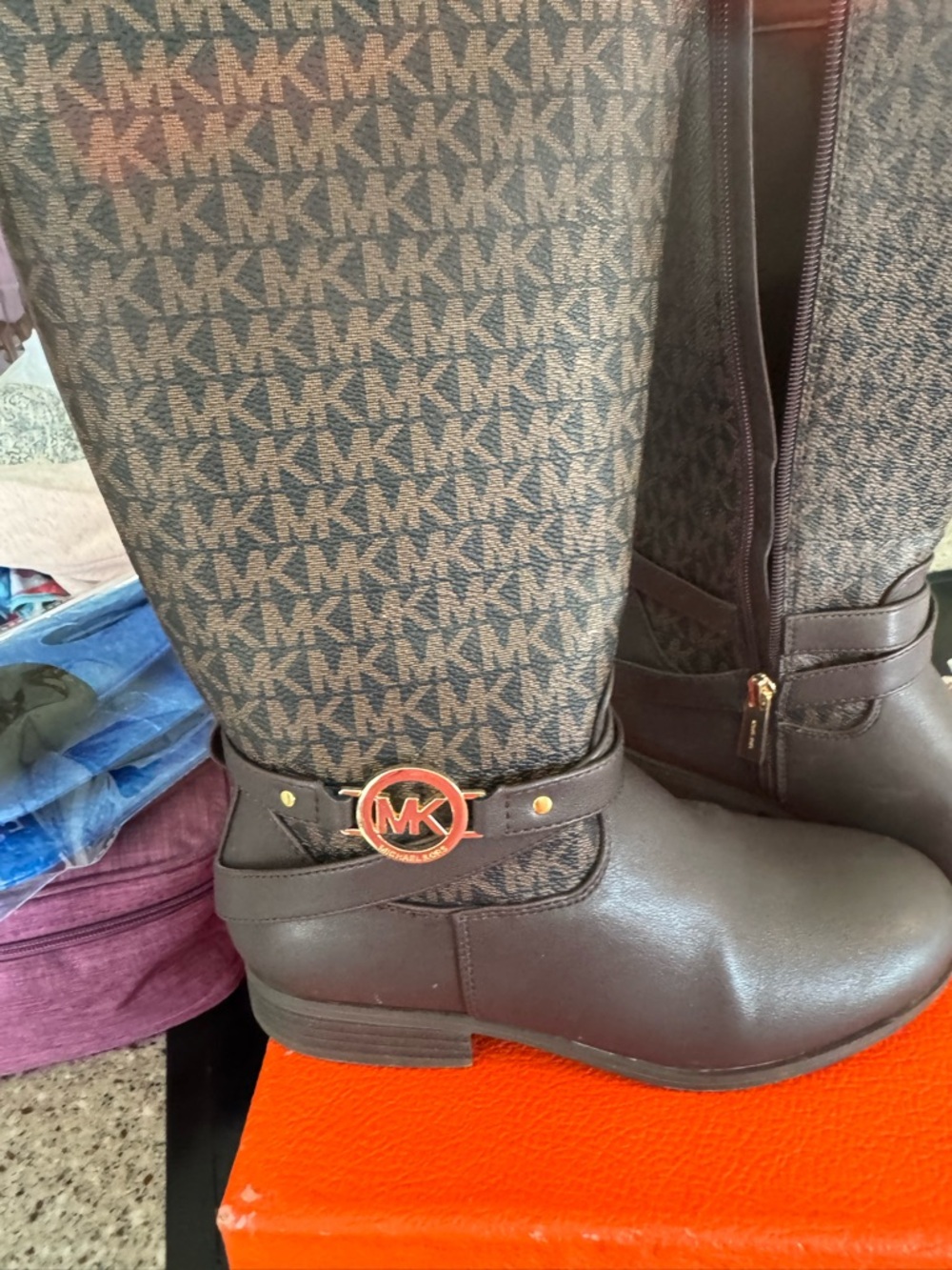 Michael Kors Brown and Dark Brown MK Logo Tall Riding Boots - Picture 2 of 4